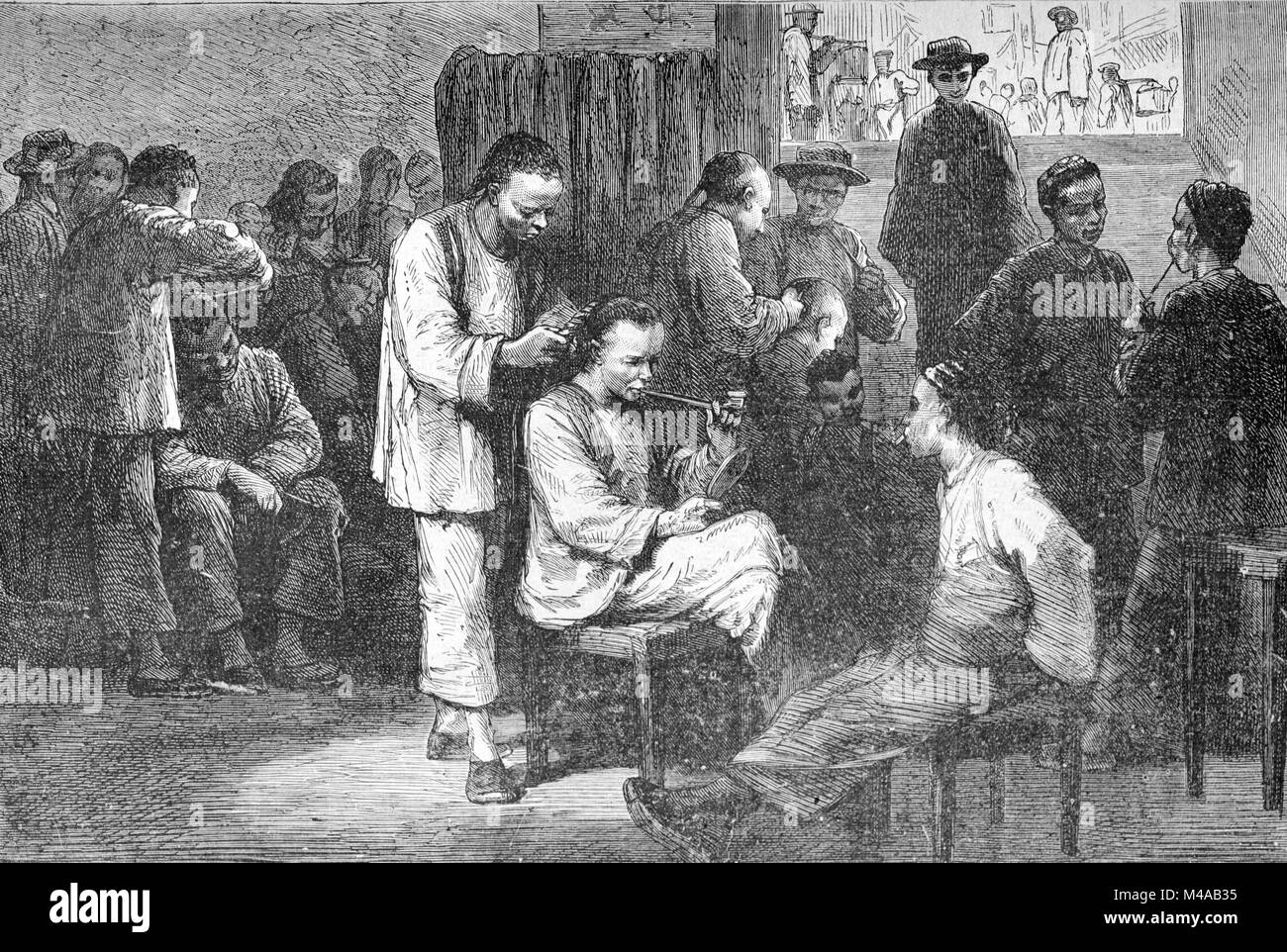 Chinese Barber or Barbershop in Chinese Immigrant Community, San Francisco, California, United States (Engraving, 1880) Stock Photo