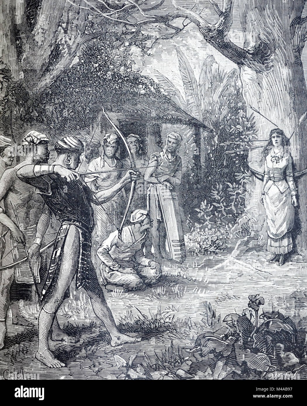 Tribal Group Practice a Dangerous Form of Archery in Barrackpore or Barrackpur, West Bengal, India (Engraving, 1880). The game ressembles the story of William Tell or Robin Hood Shooting an apple from the head of Maid Marion. (Engraving, 1880) Stock Photo