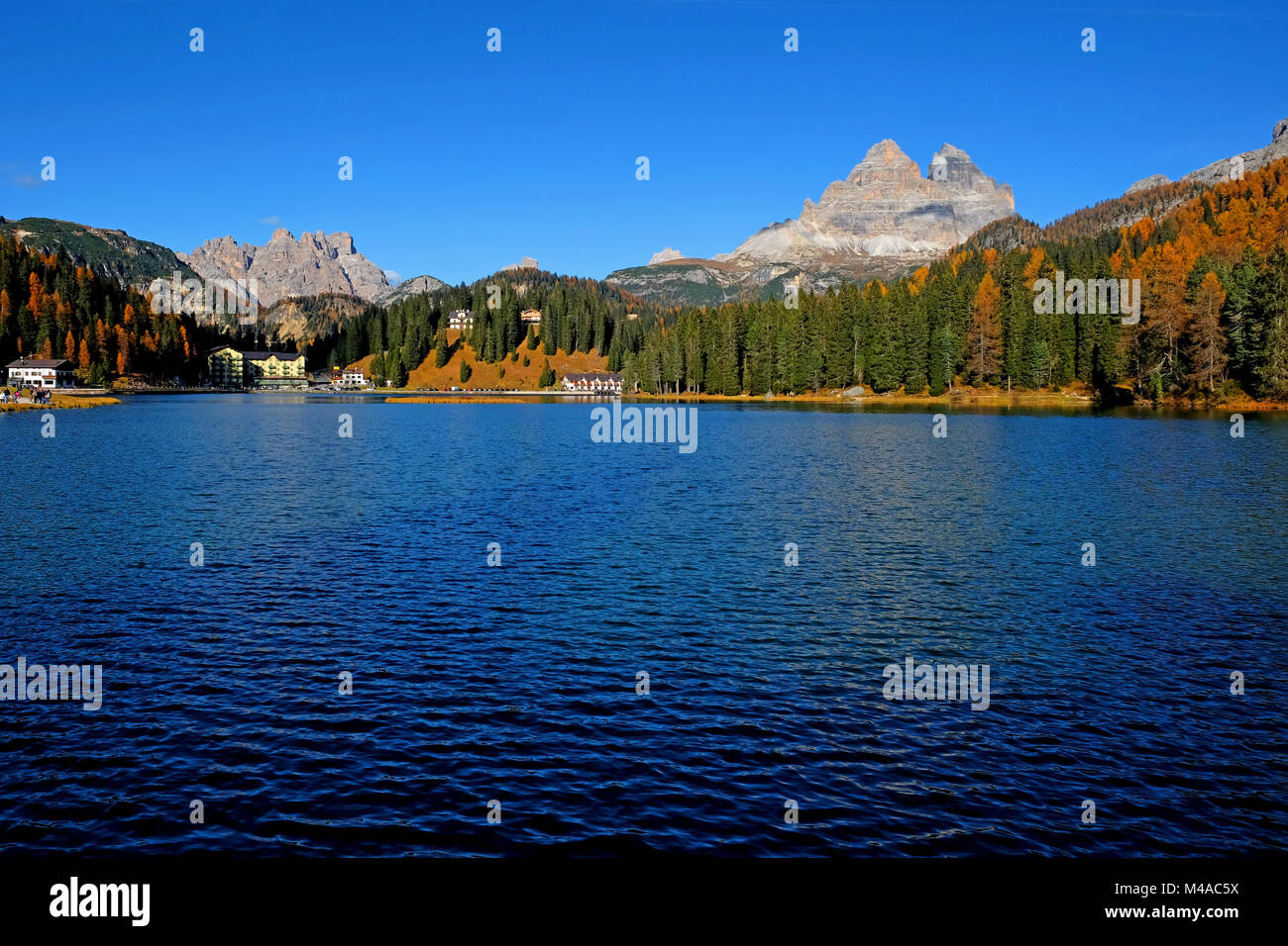 Tre Cime di Lavaredo with Lake Misurina, Dolomites, South Tyrol, Italy, Drei Zinnen Stock Photo