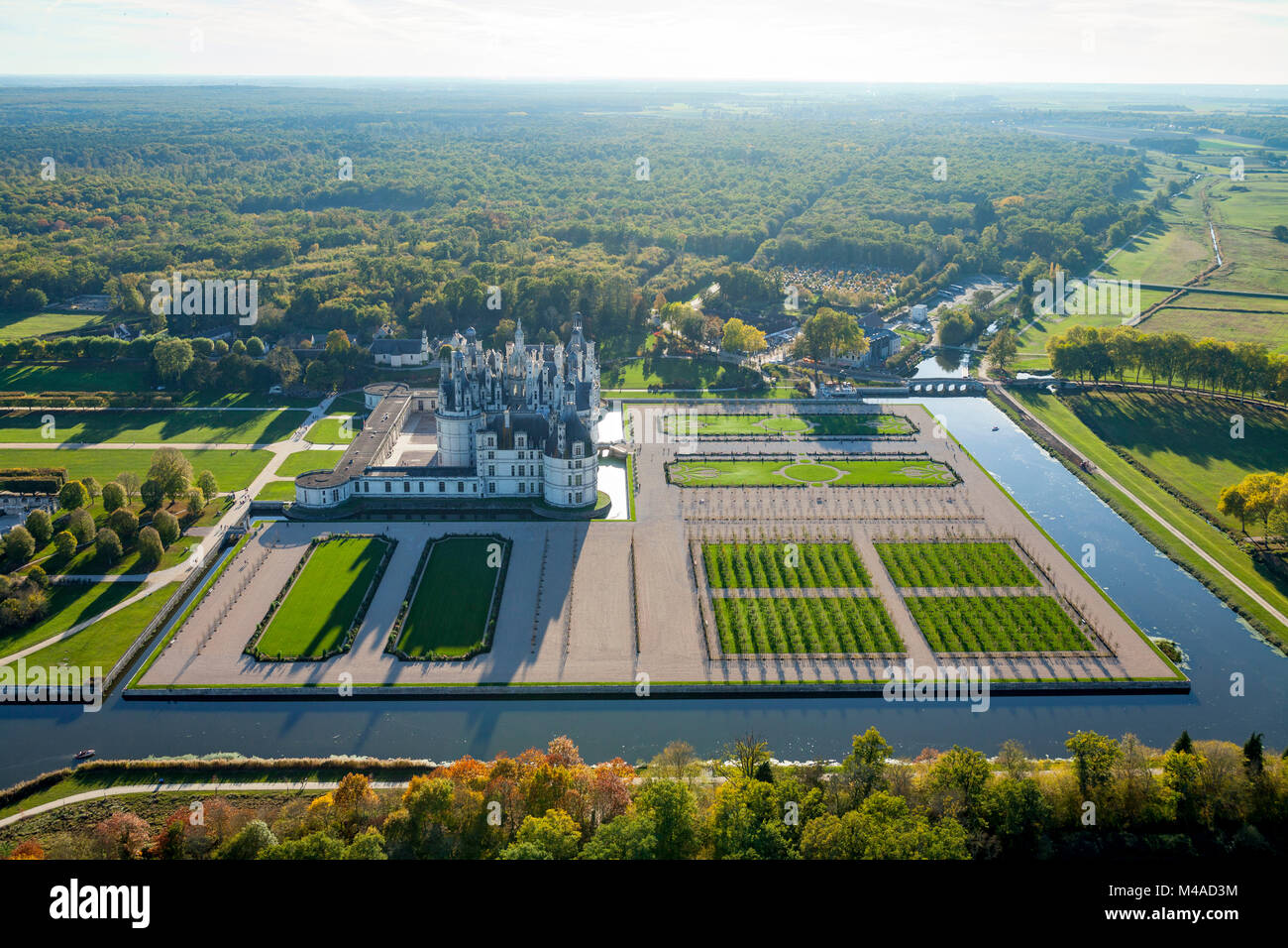 Aerial view of the Chateau de Chambord, a Renaissance style castle registered as a UNESCO World Heritage Site and National Historic Landmark (French Ò Stock Photo