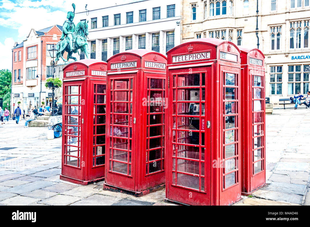 Durham (County Durham, England) Market Place with iconic red telephone boxes Stock Photo