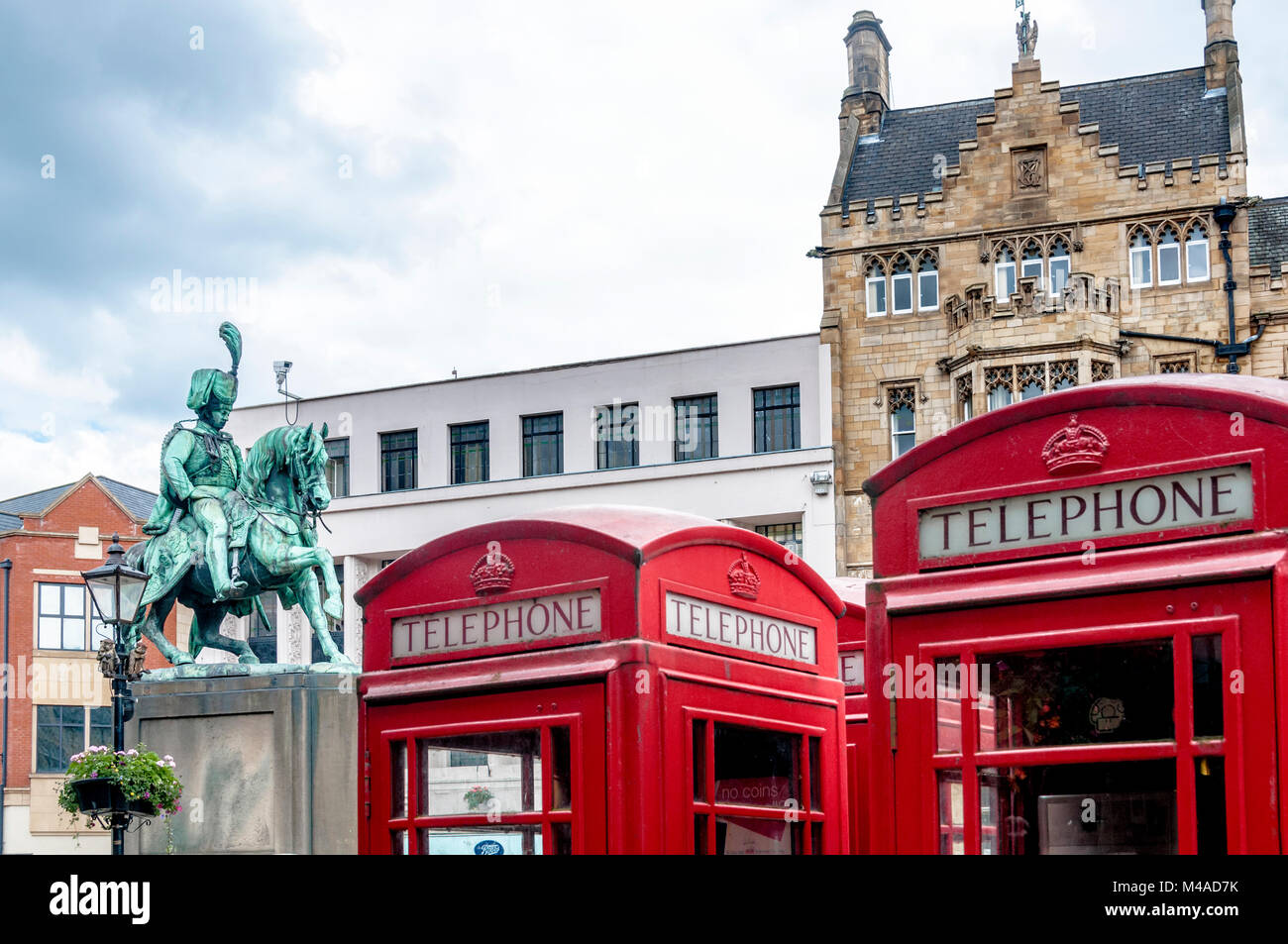 Durham (County Durham, England) Market Place with iconic red telephone boxes Stock Photo