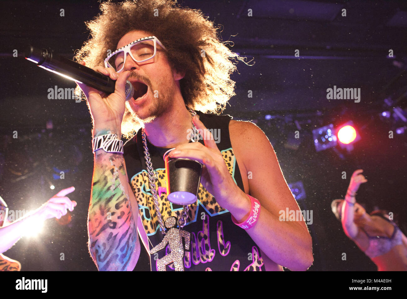 The American rap and electronic music duo LMFAO performs a live concert