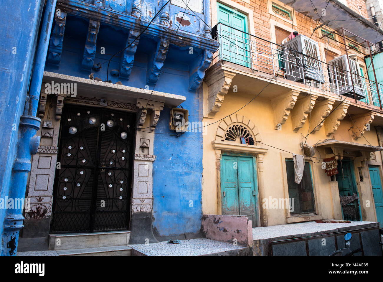 Exterior of a traditional colourful Indian houses at the blue city of Jodhpur at Rajasthan, India, Asia Stock Photo