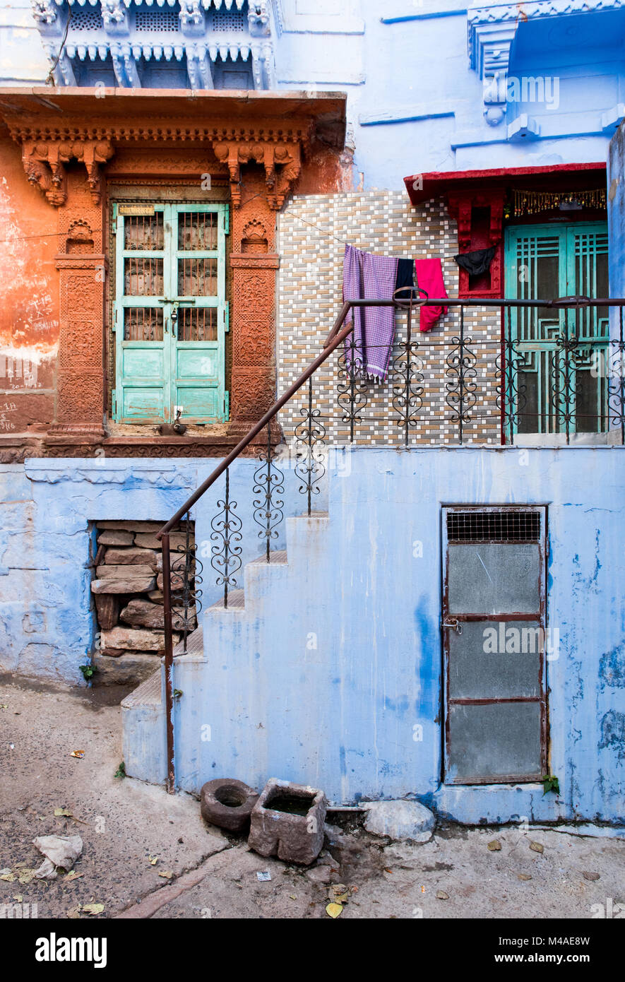 Exterior of a traditional colourful Indian house at the blue city of Jodhpur at Rajasthan, India, Asia Stock Photo