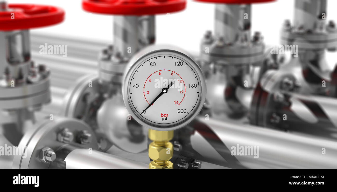 Manometer Inlet Port Industrial manometer on blur pipelines and valves background. Closeup ...
