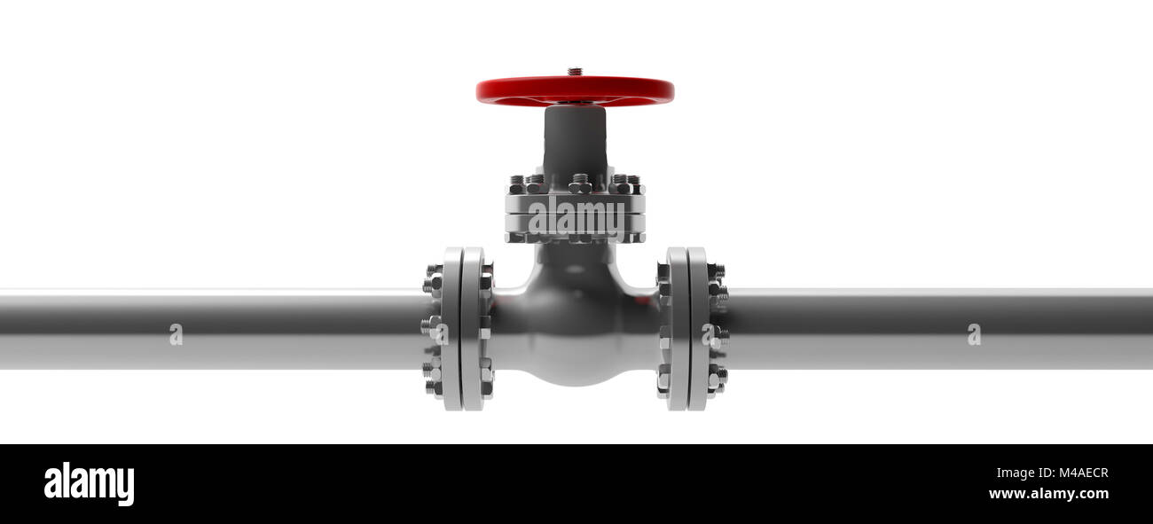 Industrial pipeline and valve with red wheel on white background, banner, front view. 3d illustration Stock Photo