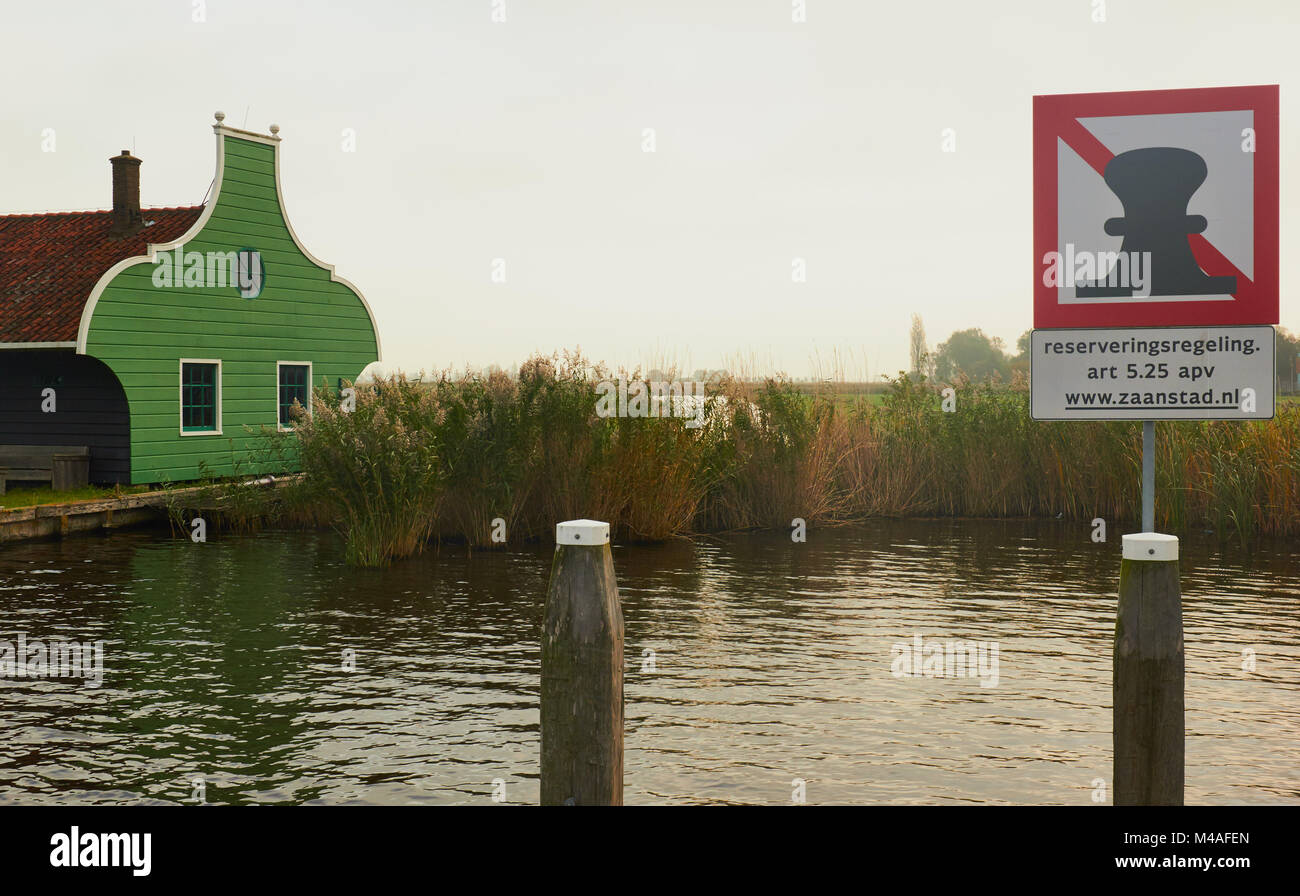 Reserved mooring sign, Zaanse Schans a village near Zaandijk in the municipality of Zaanstad, North Holland, Netherlands. Stock Photo