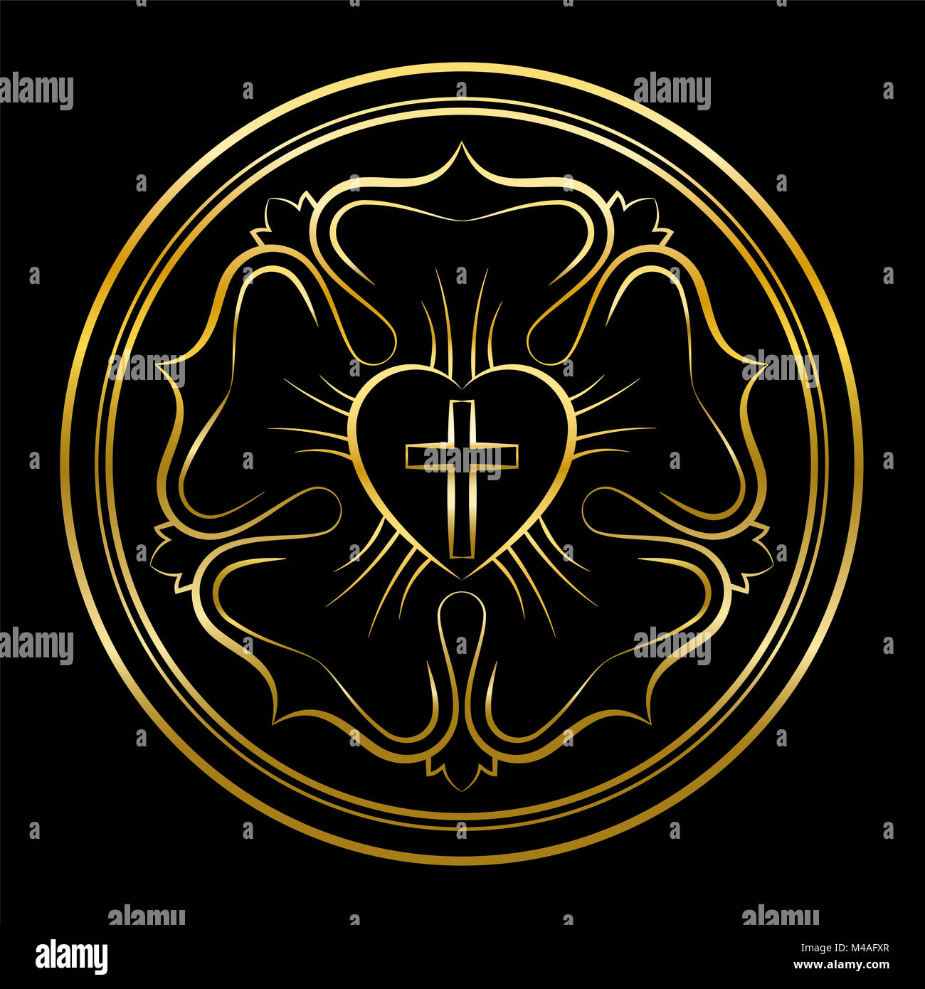 Martin Luther rose golden illustration on black background. Luther seal,  symbol of Lutheranism, consisting of a cross, an heart, a single rose and a  r Stock Photo - Alamy