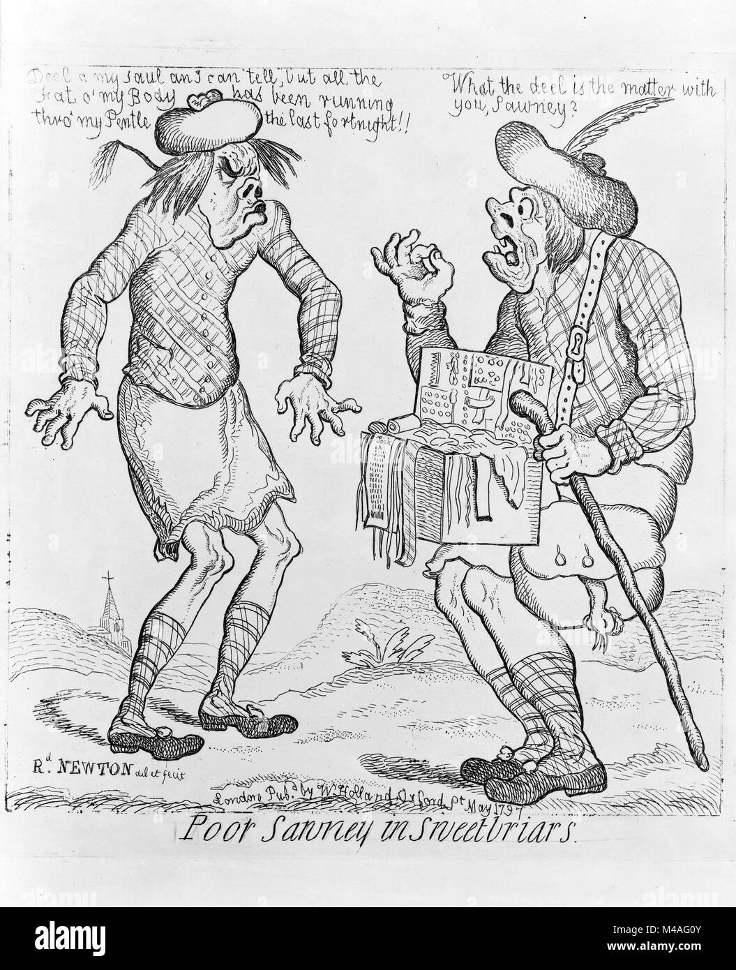 Illustration shows two grotesquely caricatured Scots passing on the road, one, a peddler of sewing wares, says to the other who is somewhat emaciated, 'What the deel is the matter with you Sawney?' to which he responds, 'Deel a my Saul an I can tell, but all the Fat o' my Body has been running thro' my Pentle the last fortnight!!' Newton, Richard, 1777-1798, artist Stock Photo