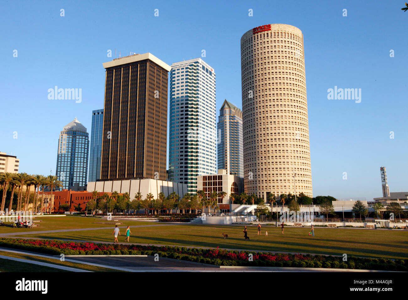 Tampa's Curtis Hixon Park provides a great lawn with views of the city's skyline and the Riverwalk. Stock Photo