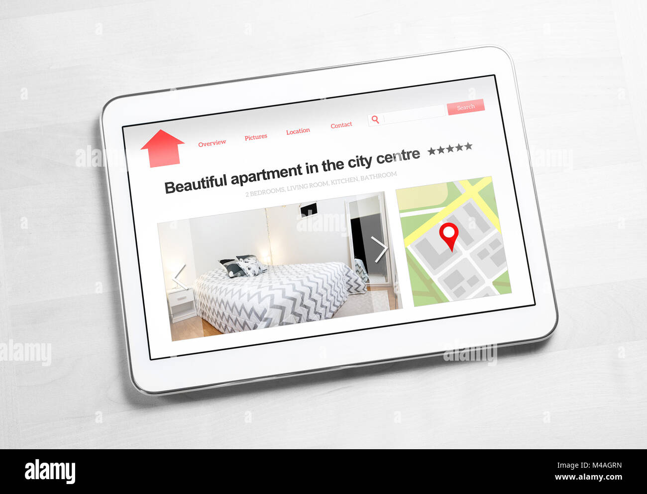 Apartments and houses online search with mobile device. Holiday home rental or real estate website or application. Imaginary internet marketplace. Stock Photo