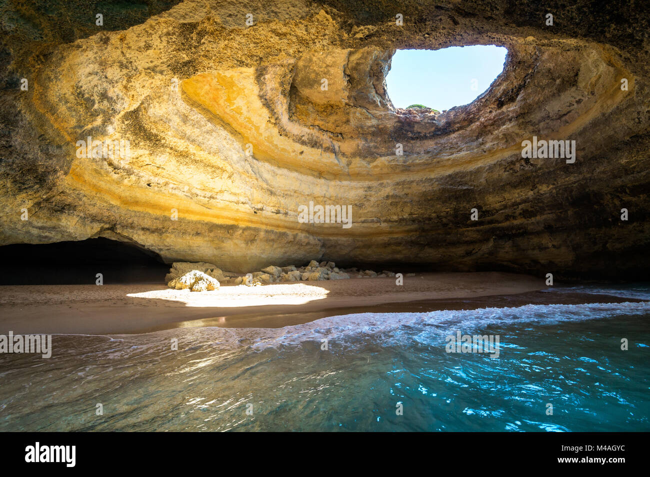 Inside view of the Benagil Sea Cave on Praia de Benagil, Benagil Beach Algarve Portugal. Stock Photo