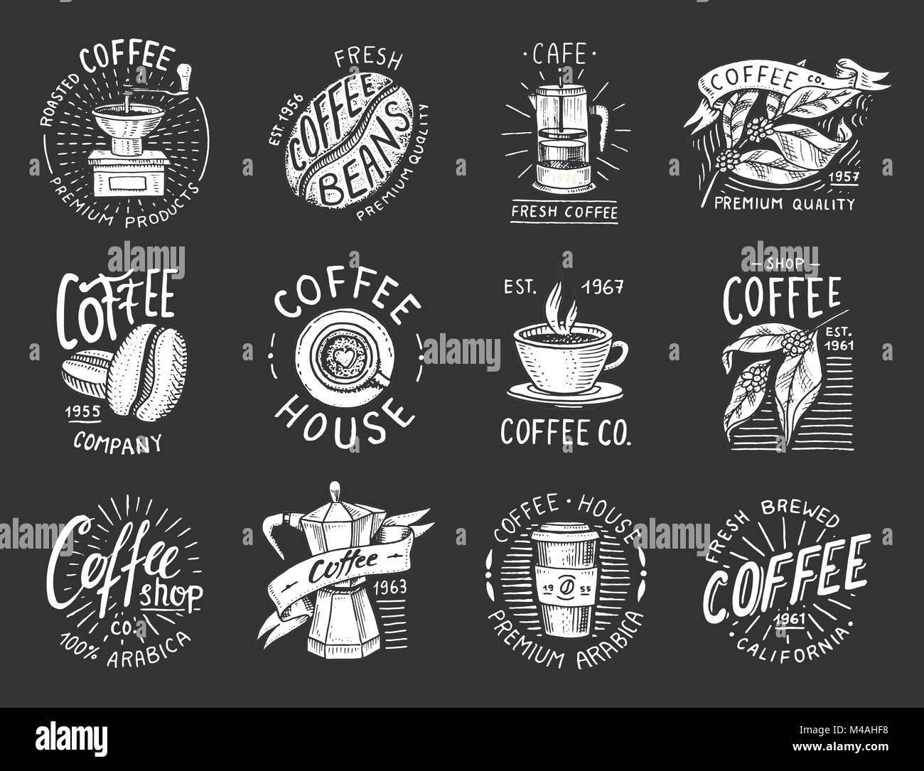 Set of coffee logos. modern vintage elements for the shop menu. Vector illustration. design decoration collection for badges. calligraphy style for frames, labels. engraved hand drawn in old sketch. Stock Vector