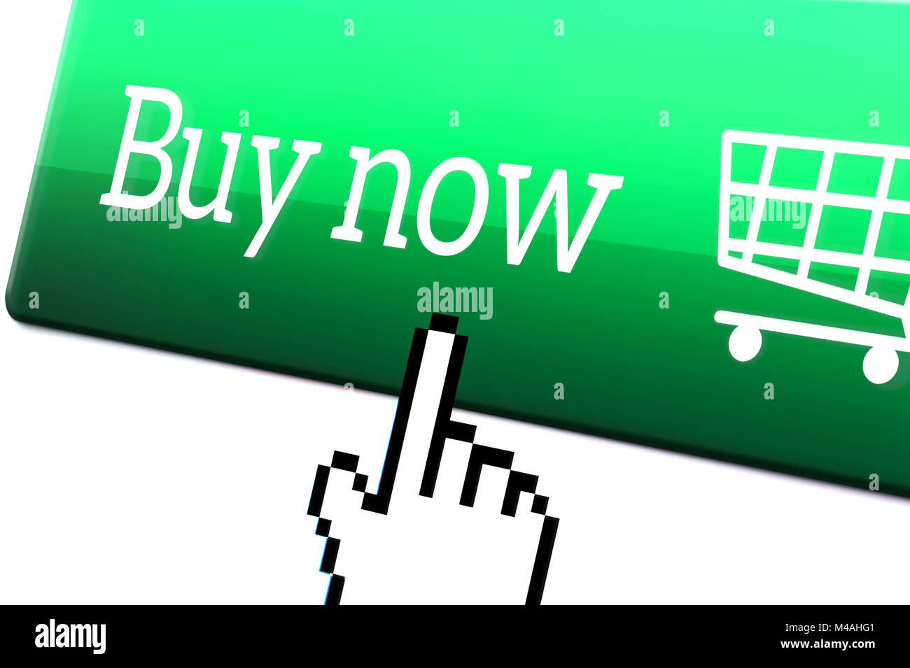 Online shopping and e commerce concept. Pixel hand cursor point and push a buy now button on an internet store. Macro close up. Stock Photo