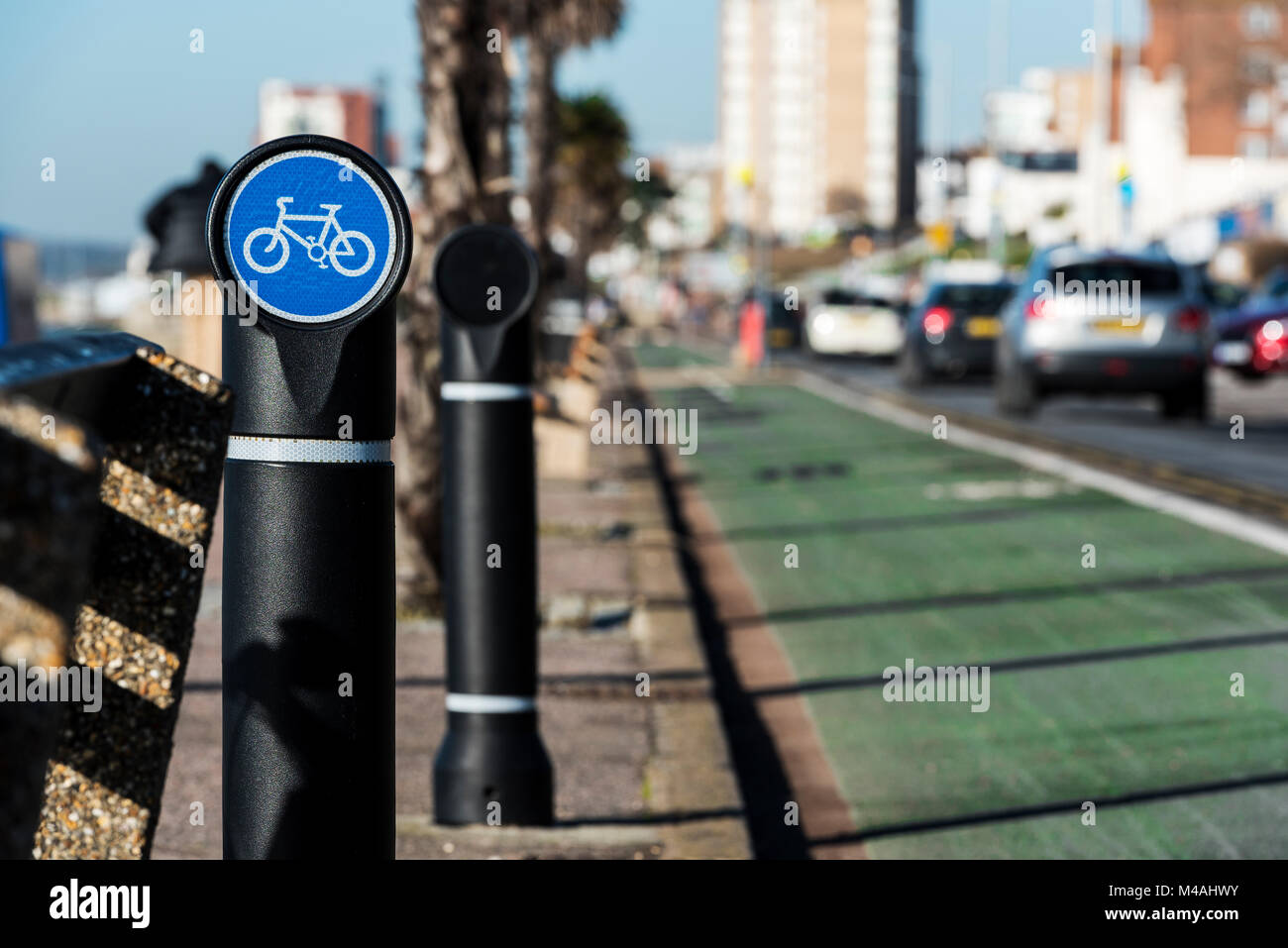 Cycle lane and sign along the seafront at Southend on sea, essex. Stock Photo