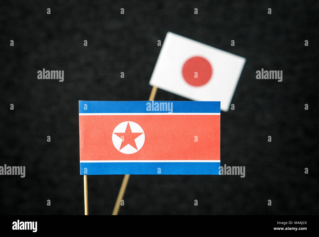 The flag of North Korea and Japan made from paper on wooden stick against dark background. Stock Photo