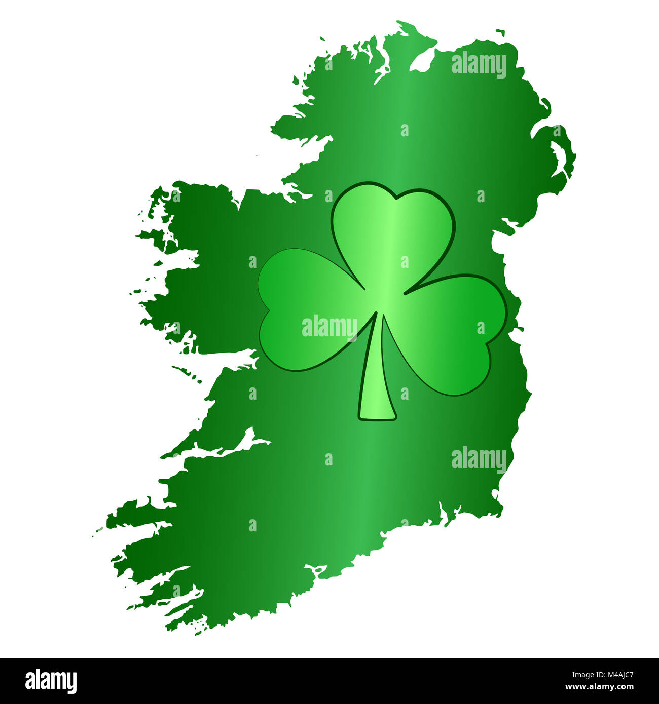 Green shamrock symbol and Ireland island silhouette. Image for Saint Patricks Day, also called Feast of Saint Patrick, celebrated on March seventeen. Stock Photo