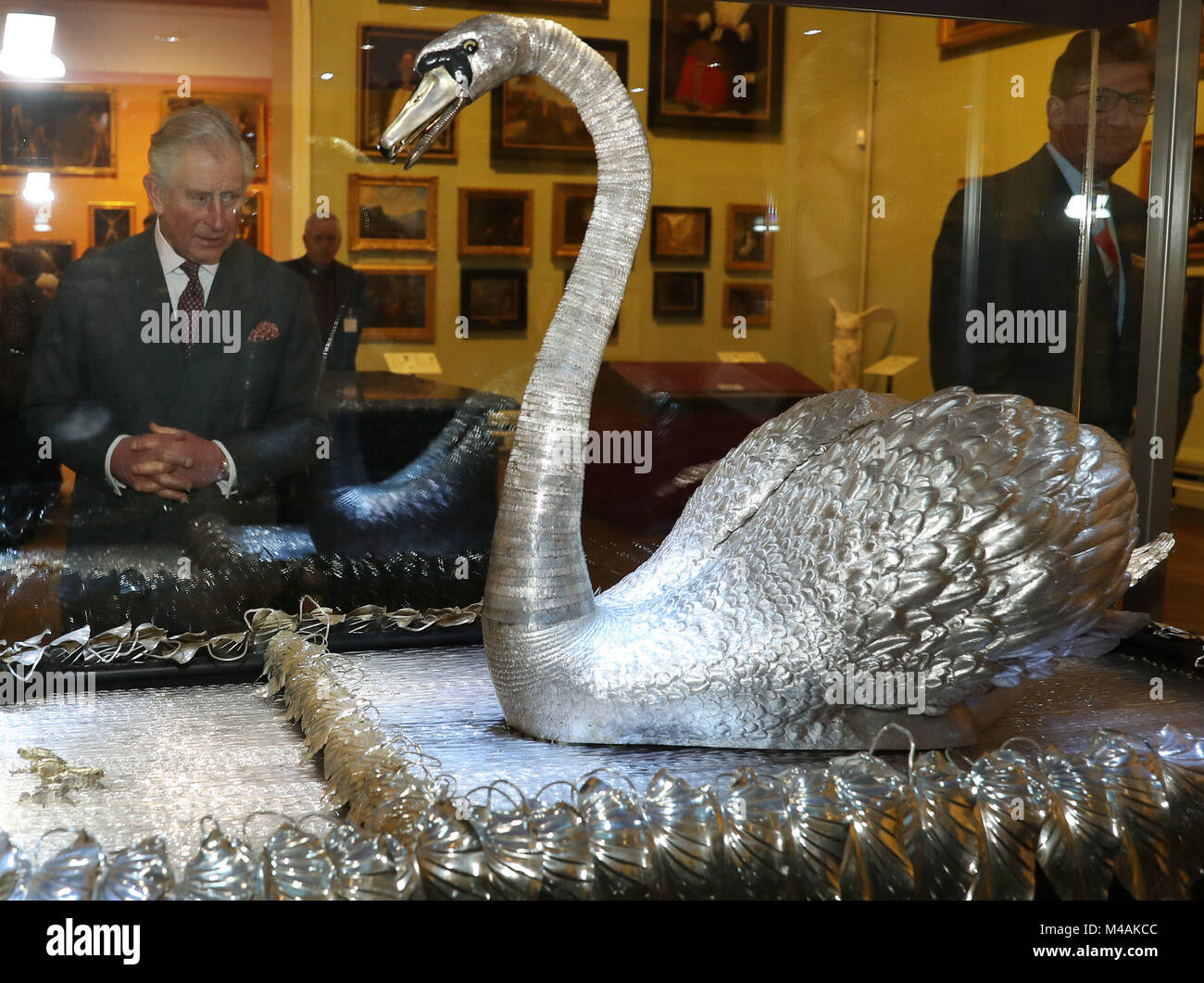 The Prince of Wales (left) looks at the Silver Swan musical automaton, which dates from 1773, during a visit to the Bowes Museum in Barnard Castle. Stock Photo