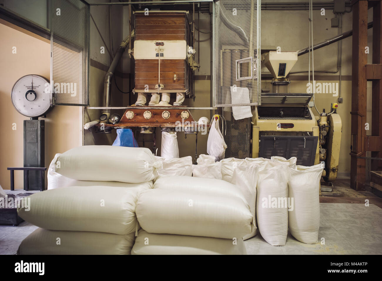 Production of genuine wheat flour in an ancient mill in Erchie, Puglia Stock Photo