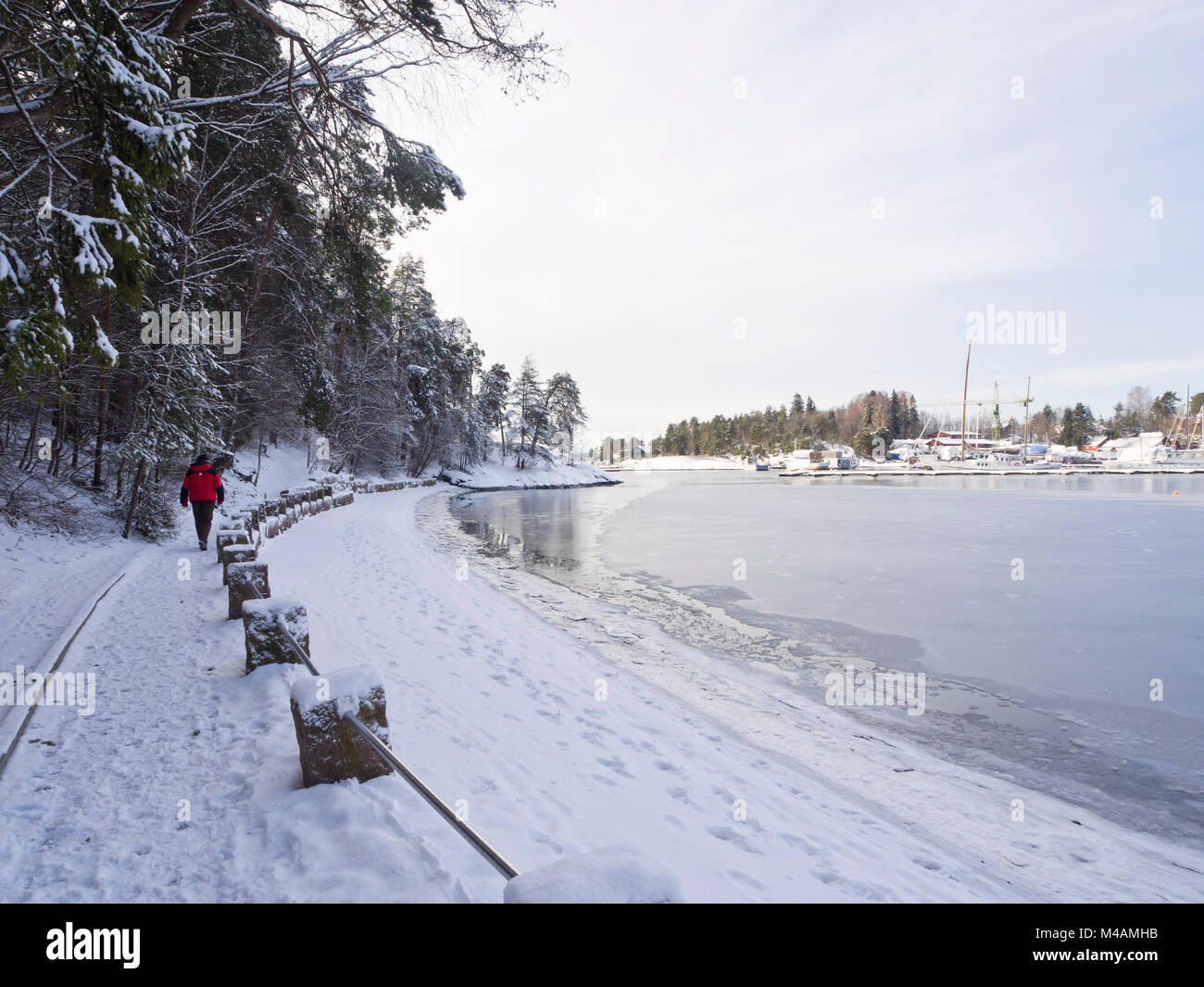 A peaceful winter hike along a beach, Bygdøy Sjøbad, in the western part of Oslo Norway Stock Photo