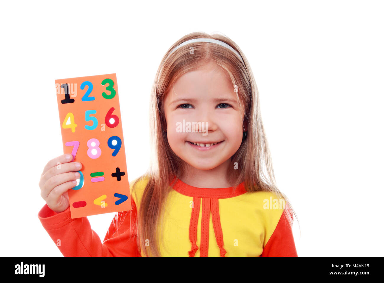 Girl with a set of digits for teaching mathematics Stock Photo