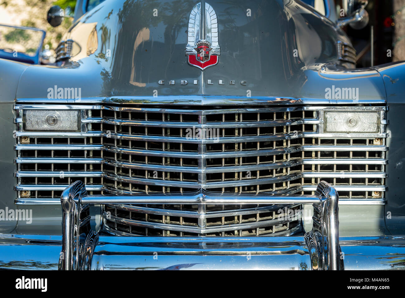 Front grill of a 1941 Cadillac on display at 'Cars on 5th' autoshow, Naples, Florida, USA Stock Photo