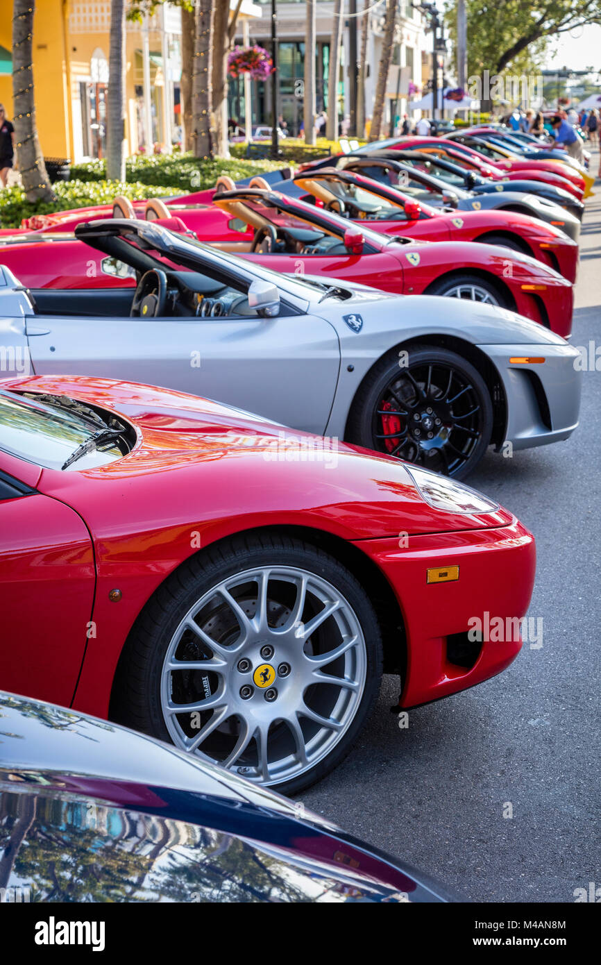Row of Ferraris on display at 'Cars on 5th' auto show, Naples, Florida, USA Stock Photo