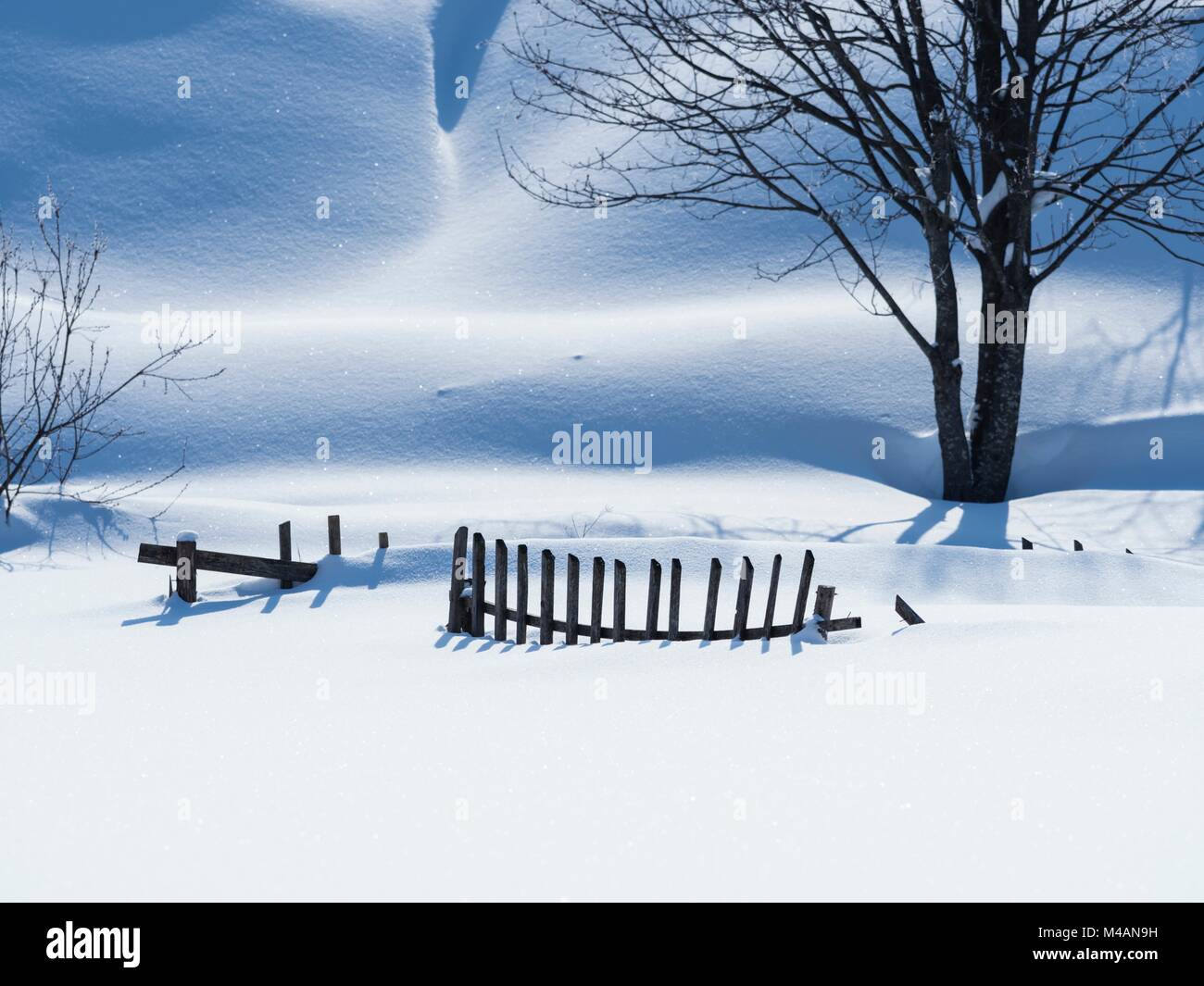 Like fine-art fineart artistic arty wooden fence on snow-covered field in Winter Stock Photo