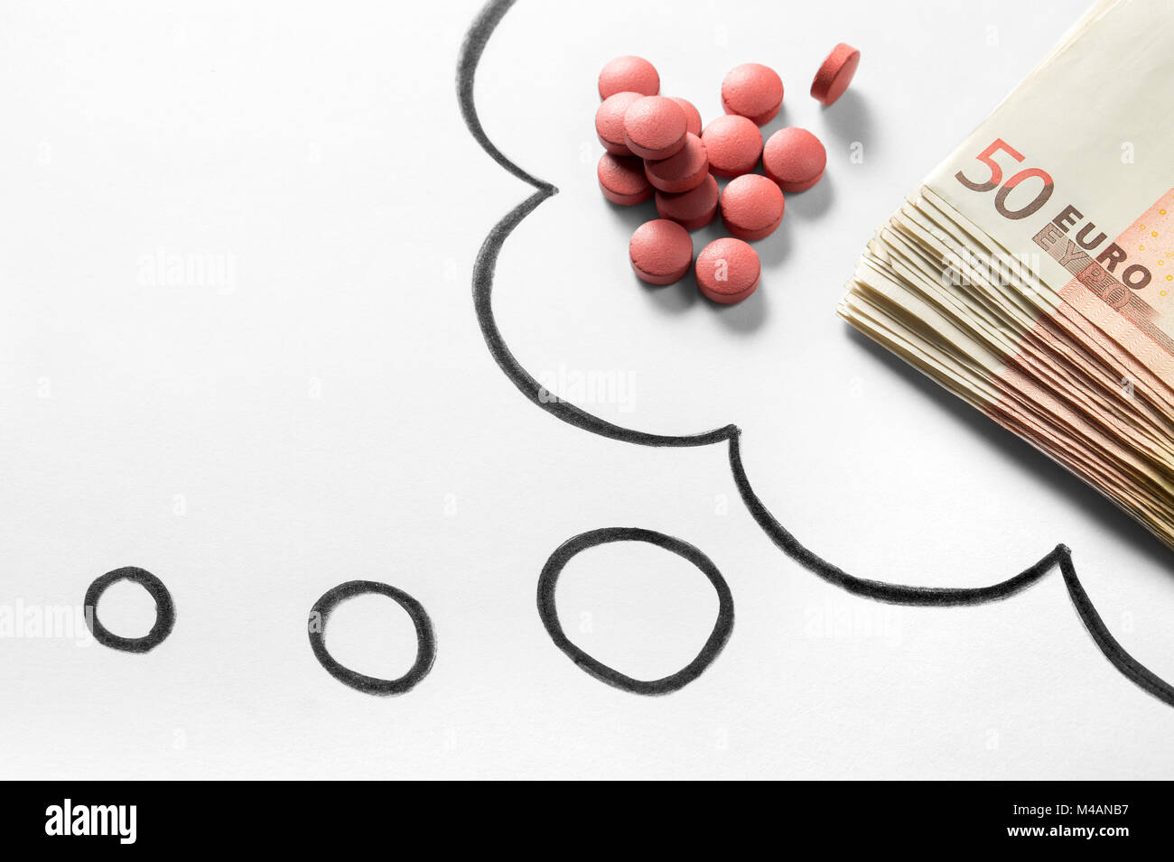 Medical business or prices concept. Thinking about money in pharmaceutical industry or high medical expenses. Also drug dealing, dealer or trade. Stock Photo