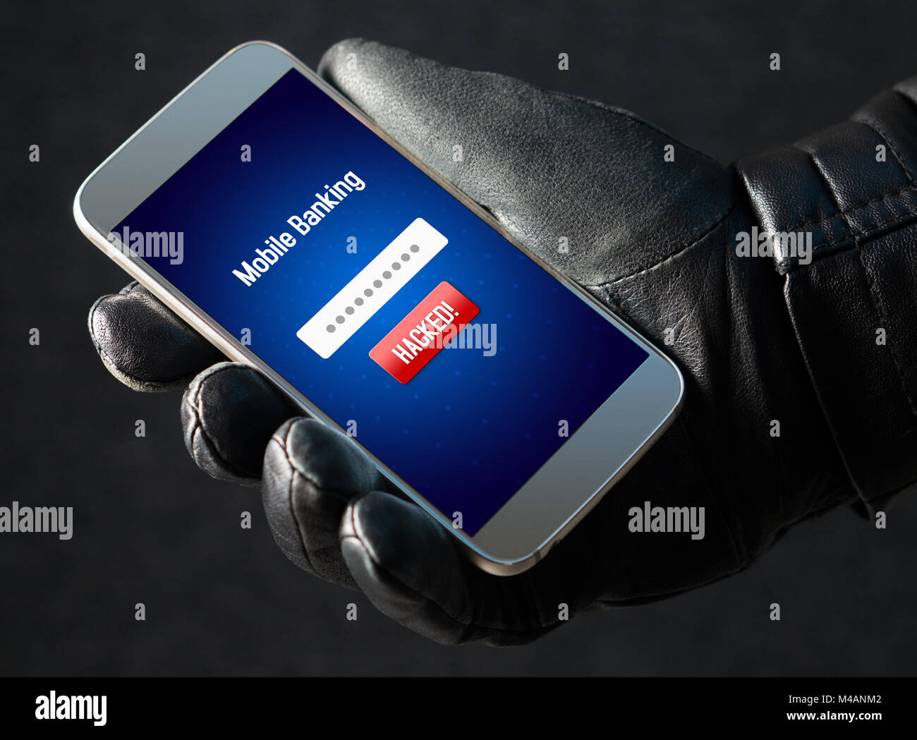 Mobile banking hack and cyber security concept. Hacker and criminal login to persons online bank application and steal money from account. Stock Photo