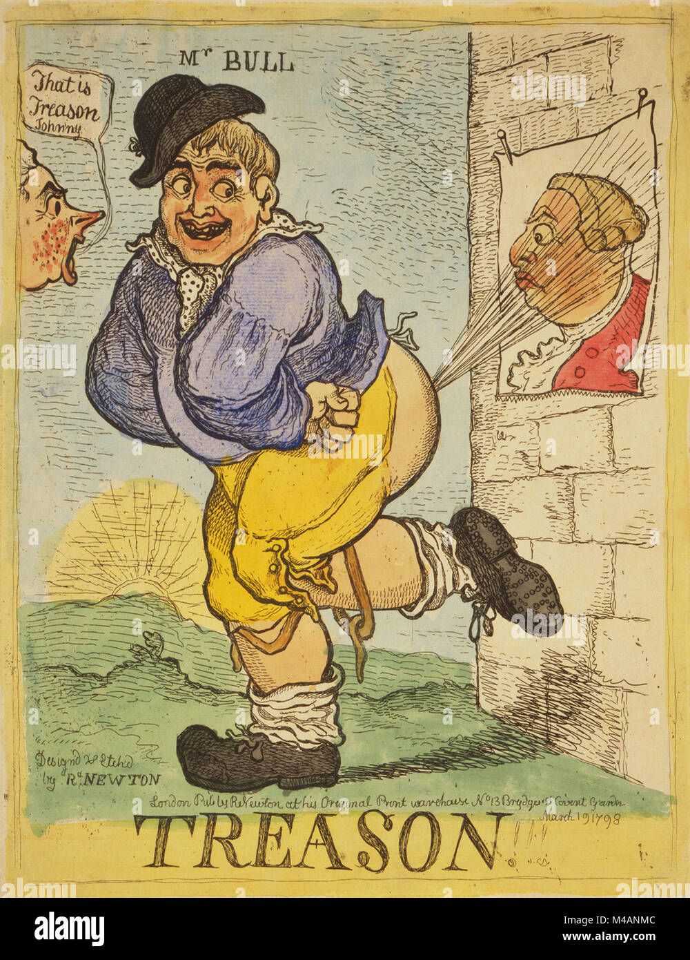 Treason!!! by Richard Newton published 1798. A stout, smiling John Bull directs a blast from his rear-end toward a poster of King George III tacked to a wall. The image of the king looks suprised. On the left, the head of William Pitt exclaims, 'That is Treason Johnny'. Stock Photo