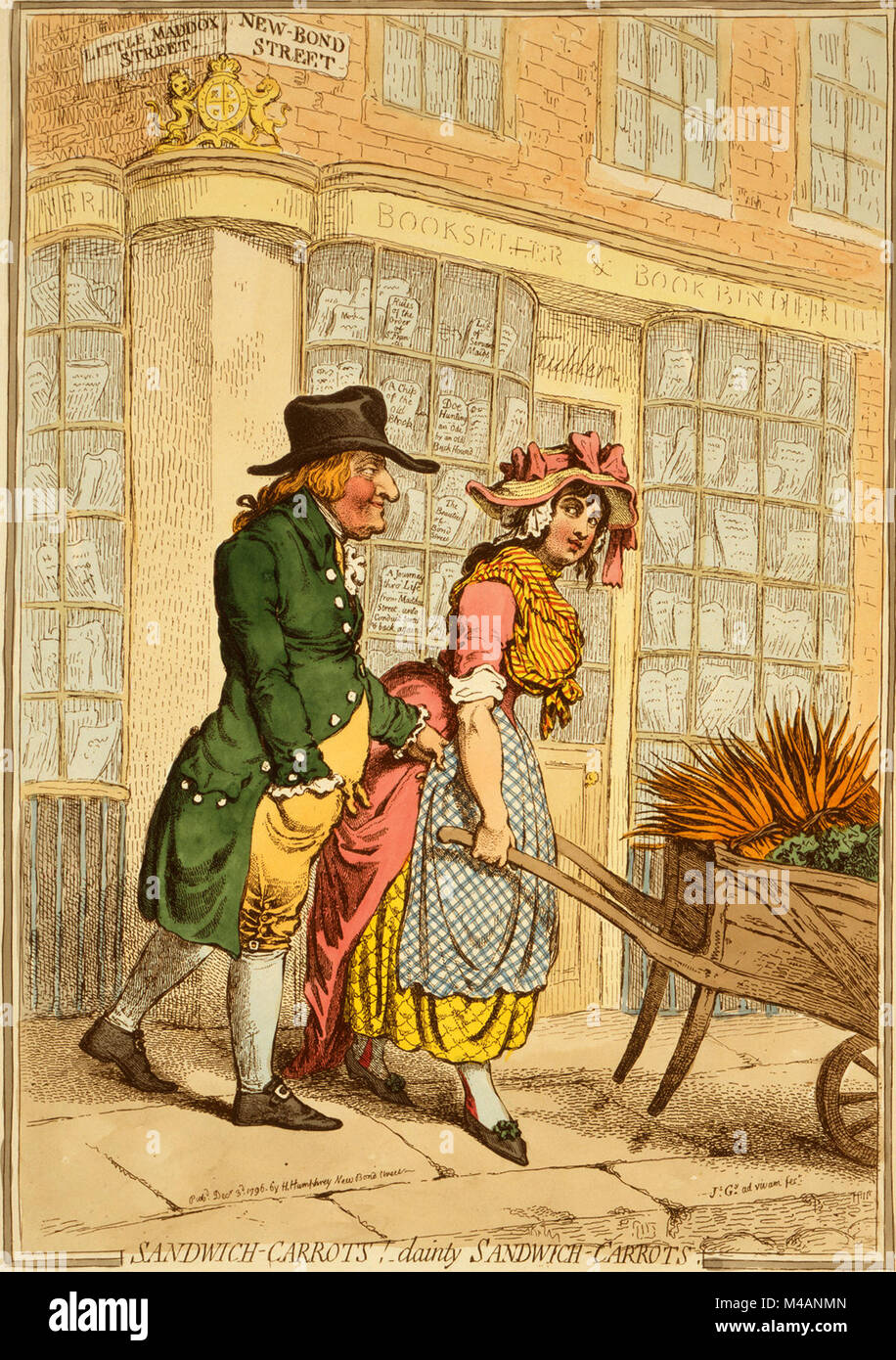 Sandwich-Carrots! - dainty Sandwich-Carrots by James Gillray published 1796.  A buxom girl pushing a wheelbarrow of carrots along Bond Street, looking over her shoulder at an older man, possibly the son of John Montagu, 4th Earl of Sandwich, who is tugging at her apron. In the background is a bookstore exhibiting the royal arms. Displayed in the window are books with the titles 'A Chip of the old Block'; 'Doe Hunting an Ode by an old Buck Hound'; 'A List of servant Maids'; 'The Beauties of Bond Street'; and 'A Journey through Life--from Maddox Street unto Conduit Street & back again'. Stock Photo