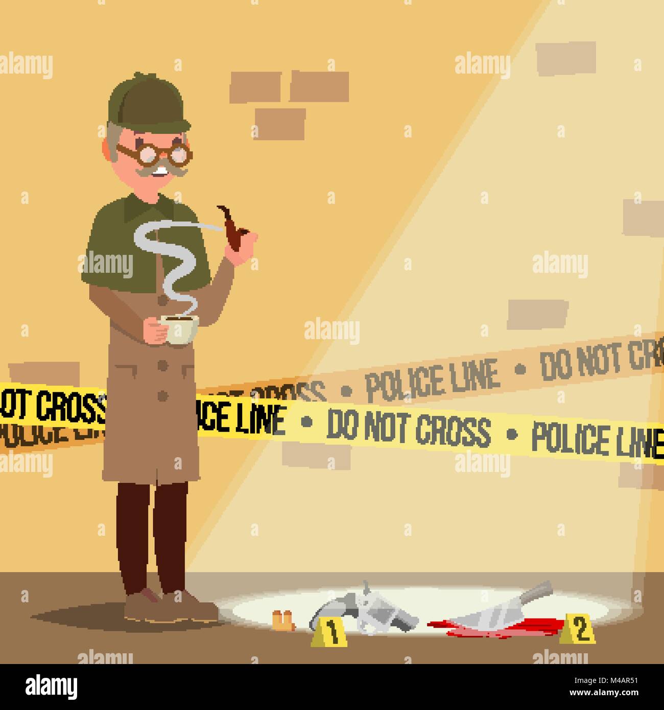 Crime Scene Vector. Detective Character Man. Crime Scene Investigation. Snoop, Shamus. Flat Cartoon Illustration Stock Vector
