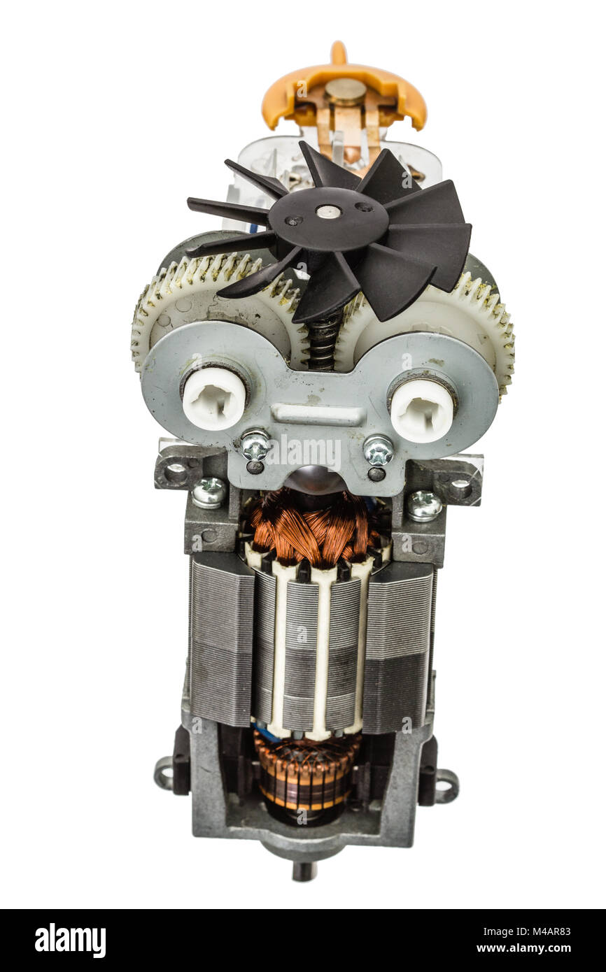 Small electric motor with fan, isolated on white background Stock Photo