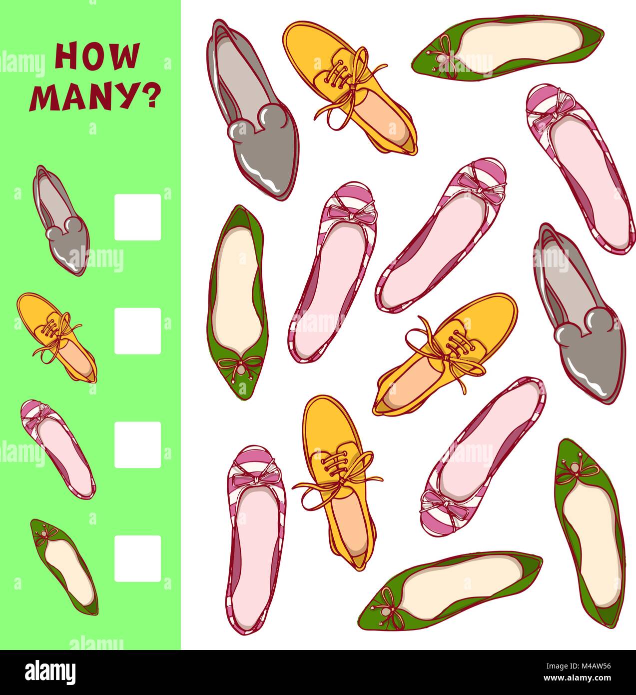How many shoes. Children counting game. Vector learning activity for