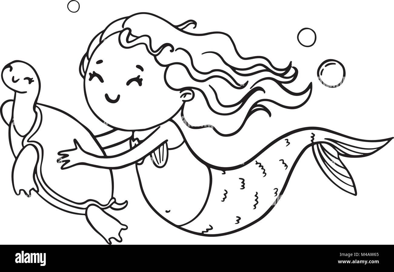 Mermaid and turtle contour illustration. Vector coloring book page. Stock Vector