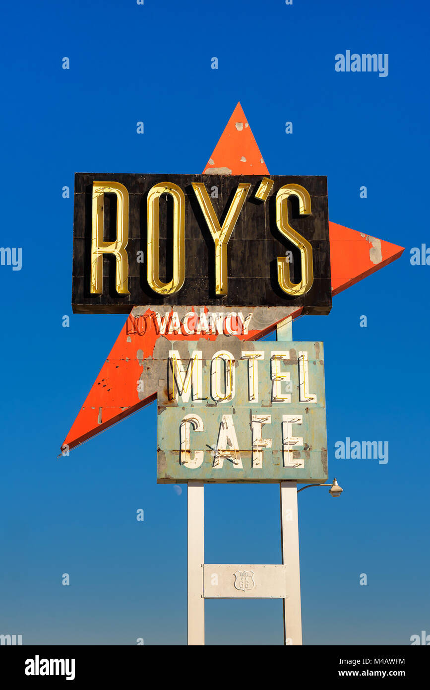 Vintage neon sign of Roy's motel and cafe on Route 66  Stock Photo