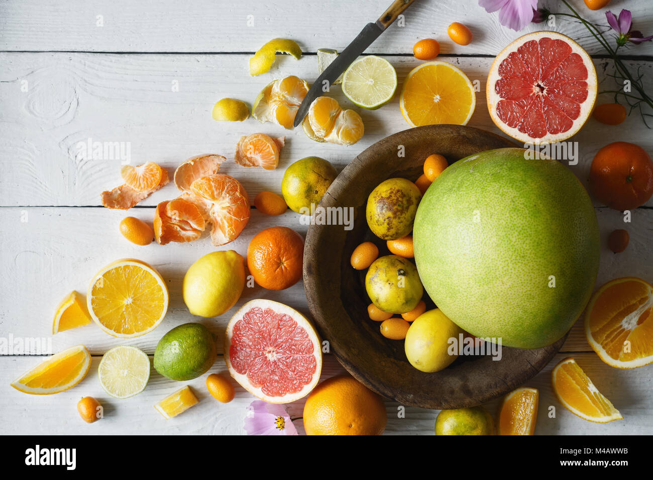 Citrus mix on the white wooden table  top view Stock Photo