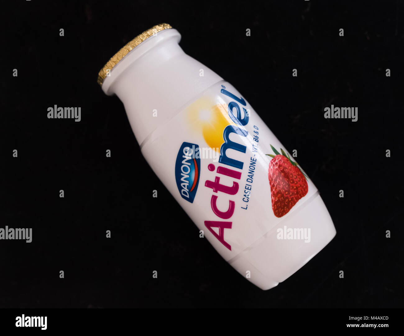 Largs, Scotland, UK February 13, 2018 A pot of Actimel yogurt drink