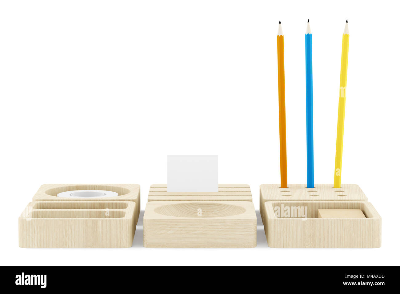 Wooden Desk Organizer With Office Supplies Isolated On White Stock