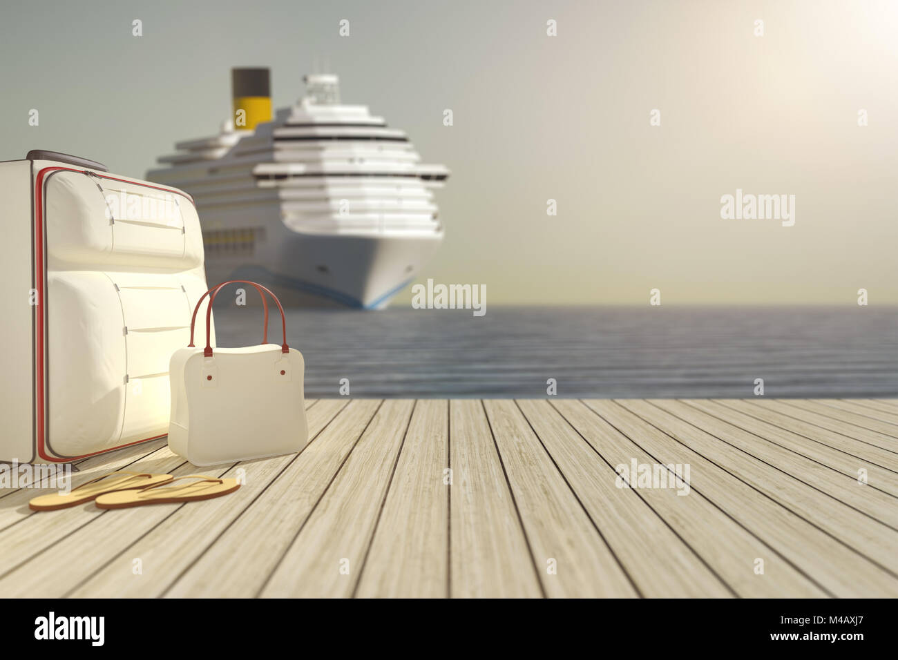 some luggage and a cruise ship in the background Stock Photo