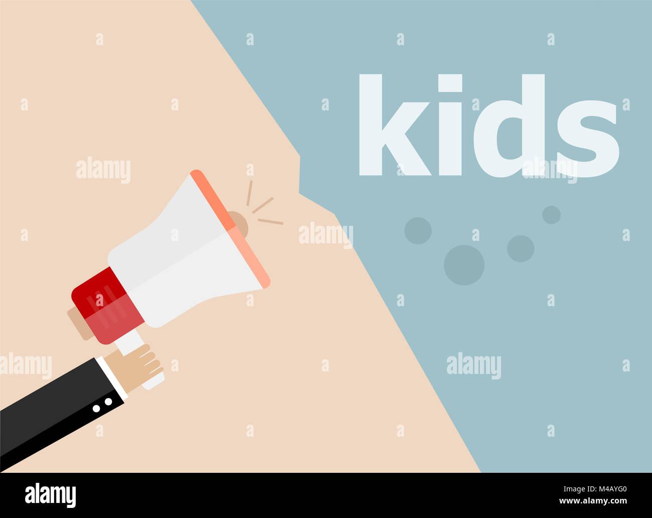 Kids. Hand holding megaphone and speech bubble. Flat design Stock Photo