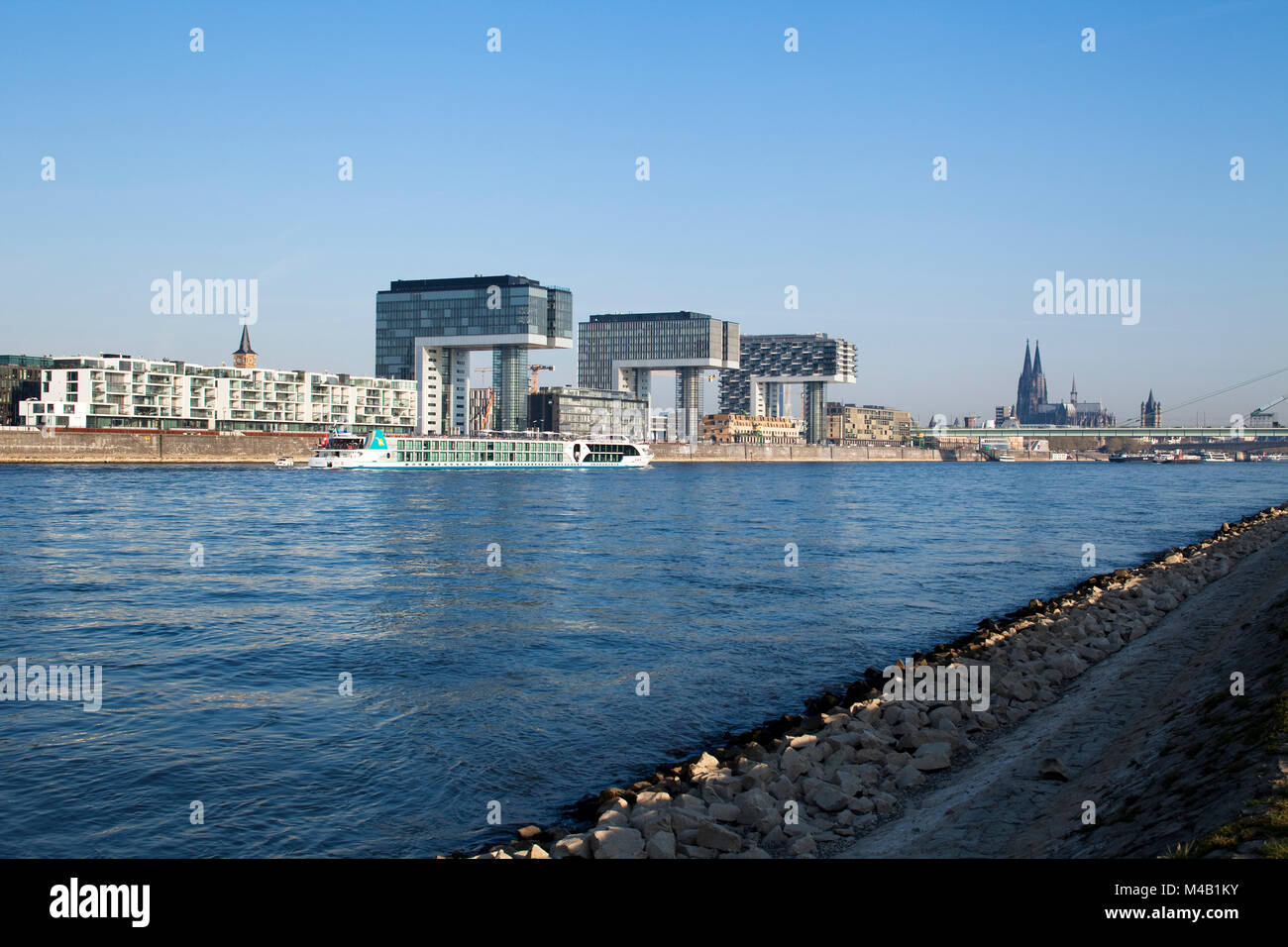Urban development project in the old industrial harbour "Rheinauhafen" at the river Rhine in Cologne, Germany Stock Photo