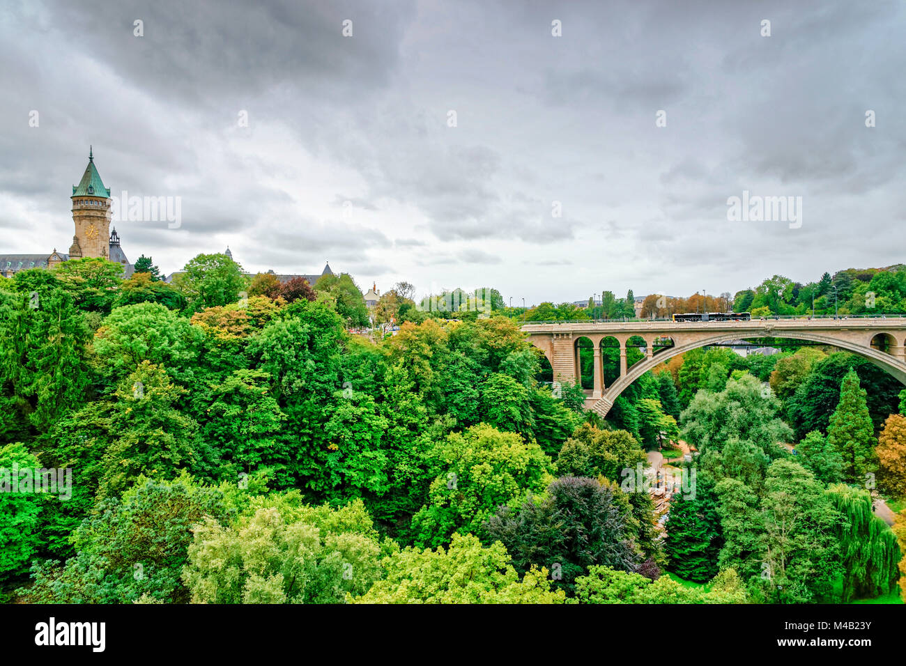 Luxembourg,Adolphe bridge,tower of Luxemburgish Spuerkeess,Luxembourg City Stock Photo