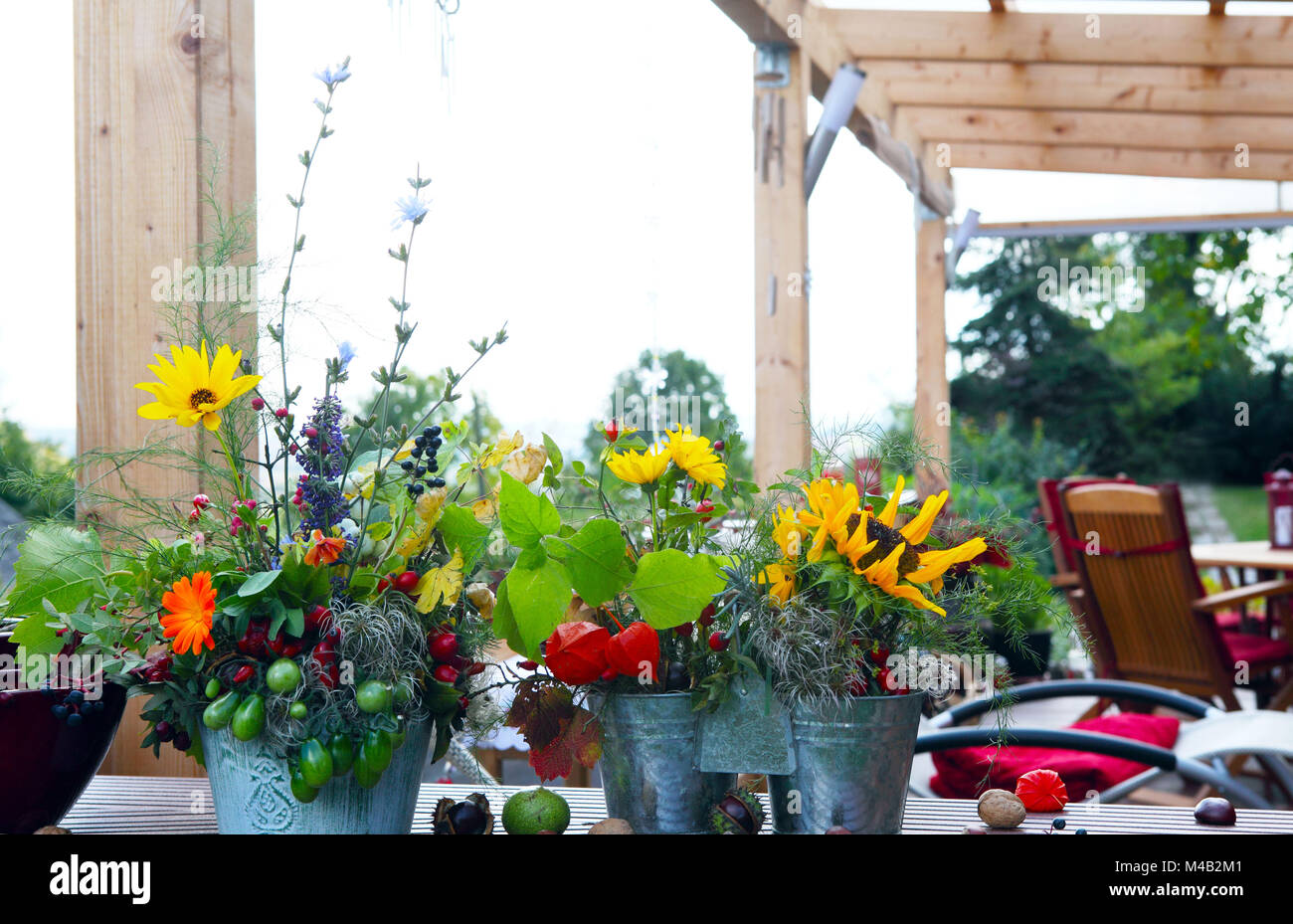 Autumnally decorated patio Stock Photo