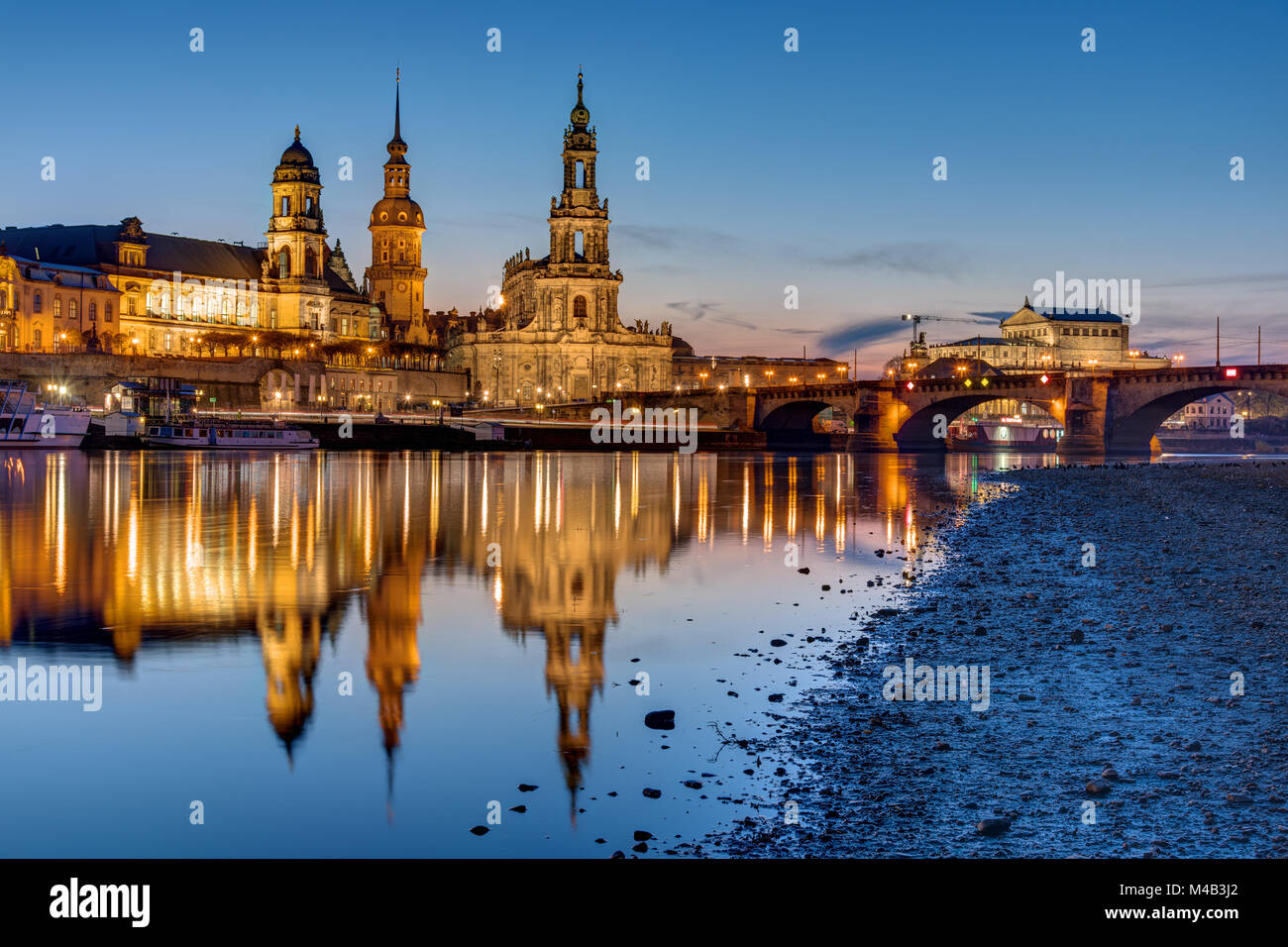 Sunset at the historic center of Dresden with the river Elbe Stock Photo