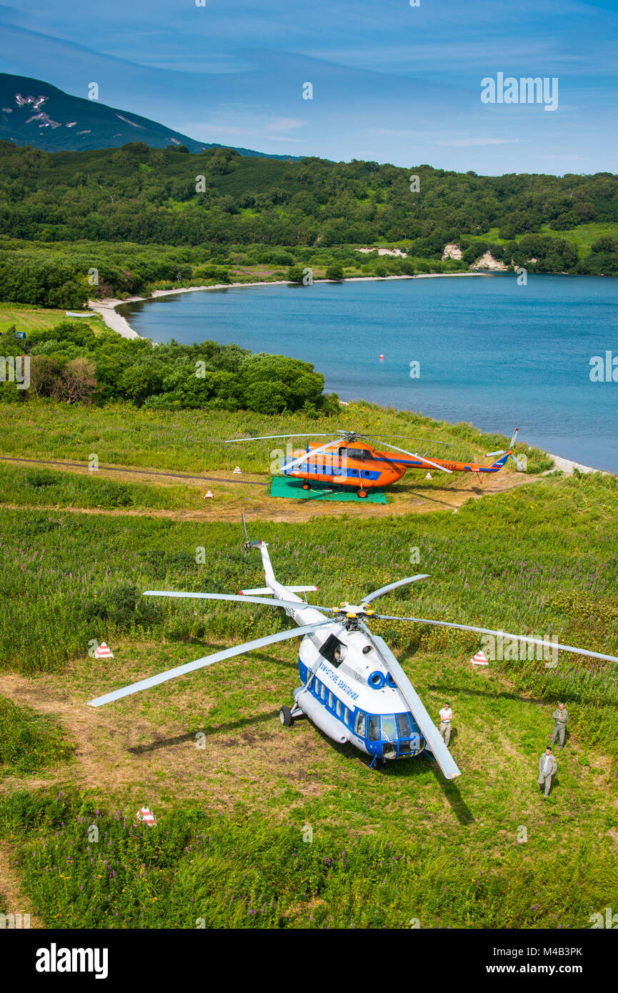 Aerial view of Helicopters next to the Kurile lake,Kamchatka,Russia Stock Photo