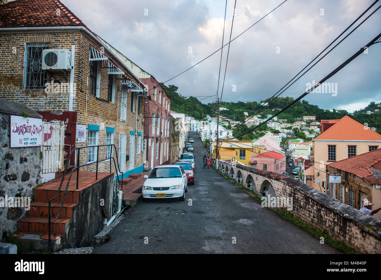 British colonial buildings at sunset in St Georges,capital of Grenada,Caribbean Stock Photo