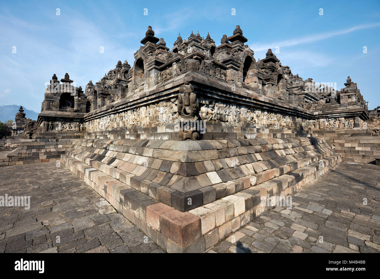 Corner view of the lower level of Borobudur Buddhist Temple. Magelang Regency, Java, Indonesia. Stock Photo